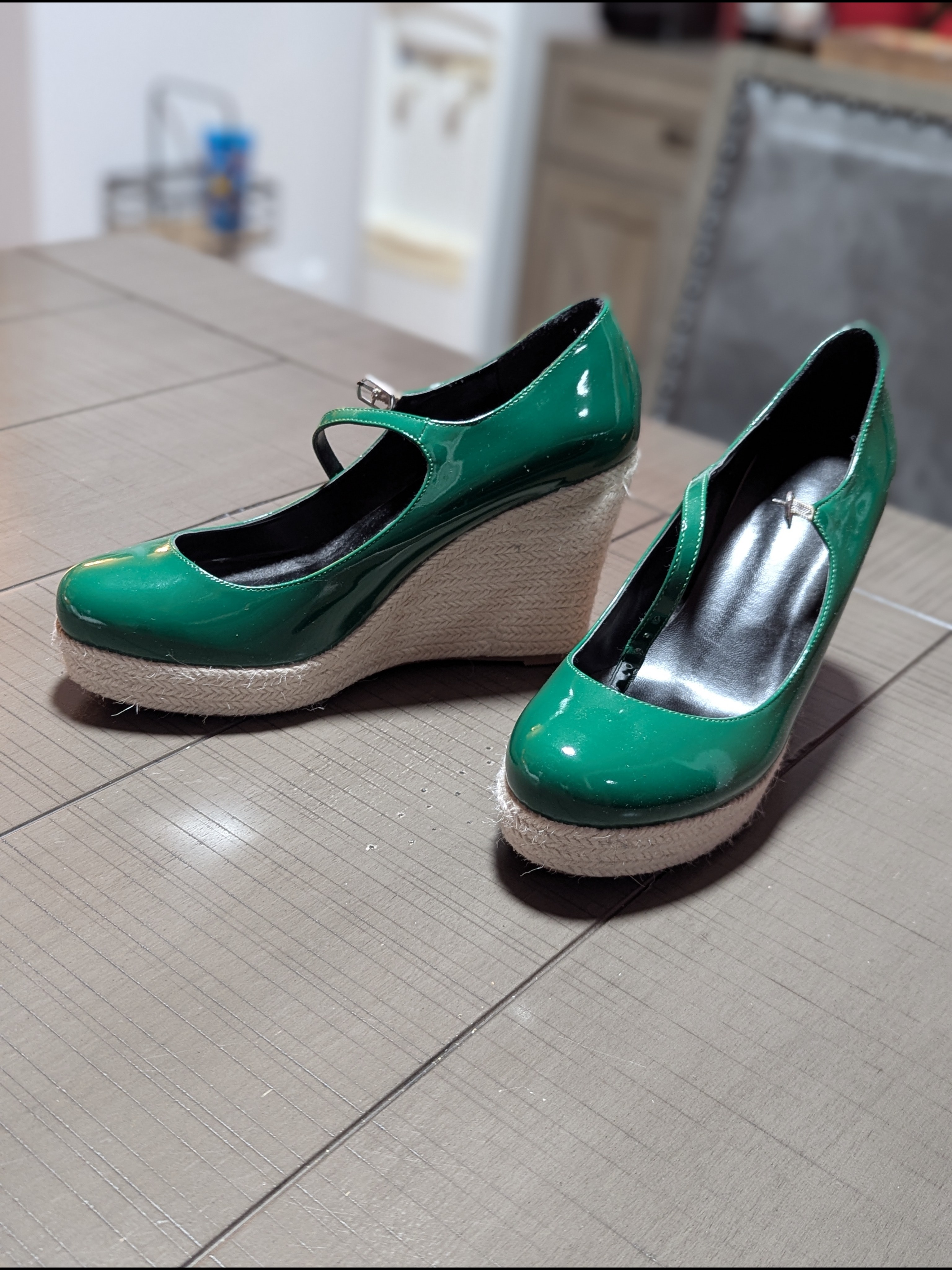 Green Patent Mary Jane Wedge Espadrilles